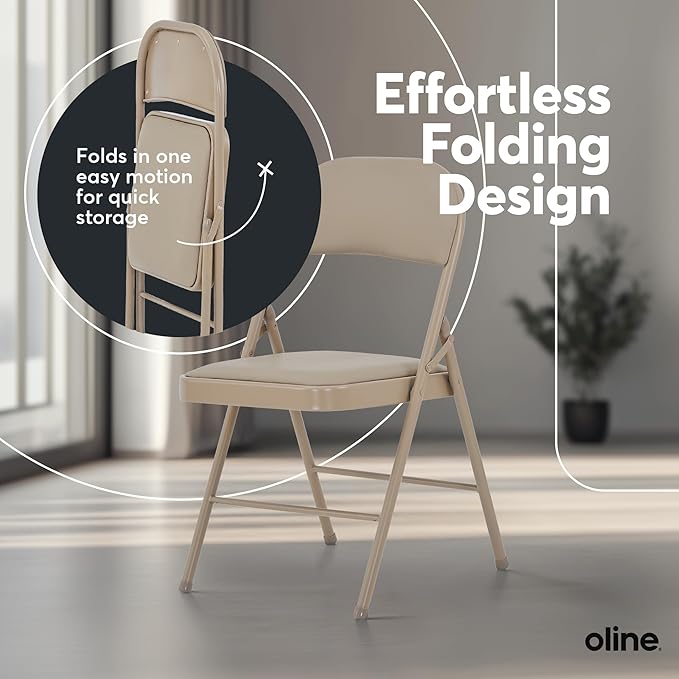 Oline Vinyl Folding Chairs, Padded Vinyl Cushion Chairs with Durable Metal Frame, Indoor Outdoor Stackable Foldable Guest Chairs for Office Wedding Kitchen Dining, 300lb Capacity (Khaki, 6 Pack)