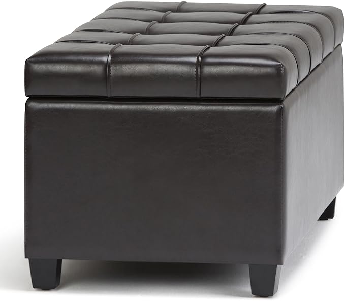SIMPLIHOME Sienna 33 inch Wide Transitional Rectangle Storage Ottoman Bench in Tanners Brown Vegan Faux Leather, Assembled, For the Living Room, Entryway and Family Room