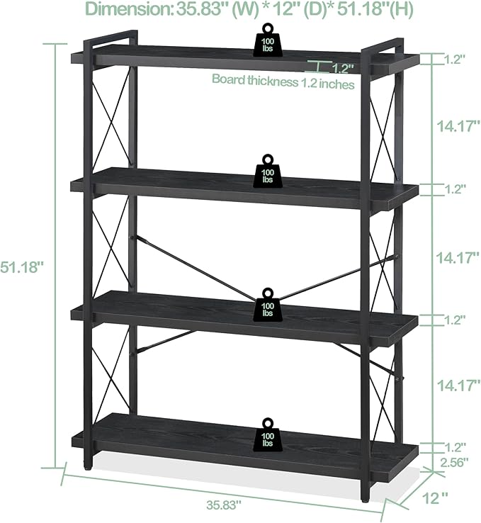 HCHQHS Bookshelf, 4-Tier Industrial Bookcase, Black Open Book Shelf, Freestanding Tall Bookshelves with Metal Frame