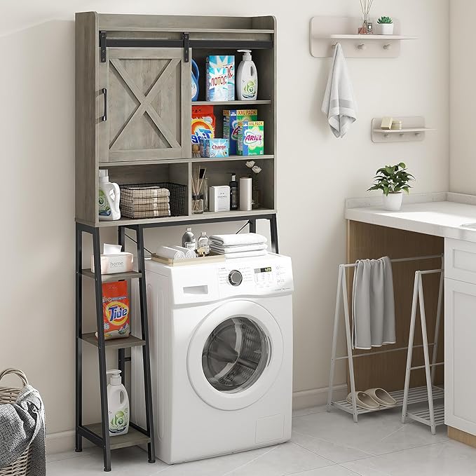 Over The Toilet Storage Cabinet, Farmhouse Storage Cabinet Over Toilet with Sliding Barn Door,Home Space-Saving Toilet Rack, for Bathroom, Restroom, Laundry, Grey