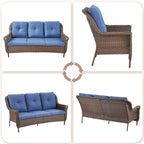 Patio Couch Outdoor Wicker Sofa - Heavy Duty All-Weather Brown Rattan 3-Seater with High Back and Comfortable Thick Cushions for Garden Back Porch Poolside Apartment - Navy Blue