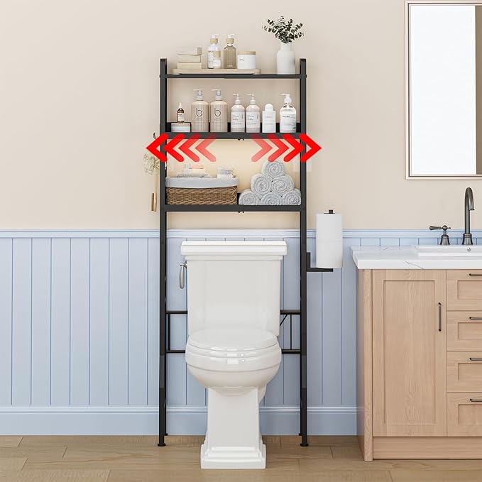 Over The Toilet Storage, 3-Tier Metal Over Toilet Bathroom Organizer Shelf with Adjustable Shelf with Toilet Paper Holder & Hooks Black