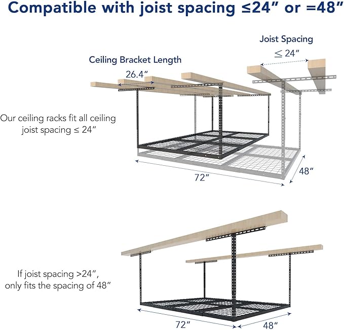FLEXIMOUNTS 4x6 Overhead Garage Storage Adjustable Ceiling Rack 72" Length x 48" Width x 40" Height, 450lbs Weight Capacity, Black, Classic Series
