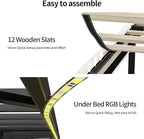 Twin Bed Frames with Storage Headboard, Power Outlet, Velvet Upholstered Platform Bed for Kids, LED Bed Frame Twin with 5 Storage Shelves, No Box Spring Needed, Creamy White