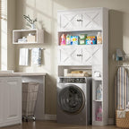 Over The Toilet Storage Cabinet, Farmhouse Storage Cabinet Over Toilet with 4 Barn Doors & Toilet Paper Holder Stand, White Toilet Shelf Home Space Saver for Restroom, Bathroom, Laundry