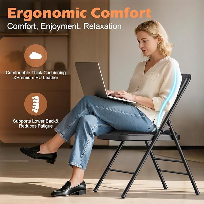 Folding Chairs 4 Pack with Padded Cushion and Back, Metal Folding Chairs with Comfortable Cushion and Durable Steel Frame Capacity for Home, Office, Party and Outdoor Events (PU-Black, 4 Pack)