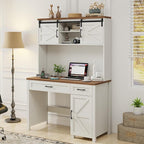 Farmhouse 47" Executive Computer Desk with 2 Drawers and Storage Cabinet, Home Office Desk with Hutch and Charging Station, Workspace for Work and Study (White&Brown).