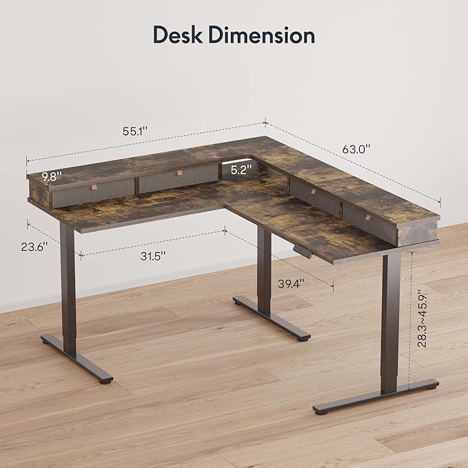 SANODESK 63" L Shaped Standing Desk with 4 Drawers, Height Adjustable Stand up Desk, Corner Gaming Desk with Monitor Stand, Black Frame/Rustic Brown Top