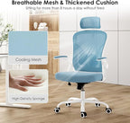 Farini Ergonomic Office Chair, Home Office Desk Chair with Headrest, High Back Computer Chair with Armrests and Adjustable Lumbar Support for Home Office Study Room, White & Blue
