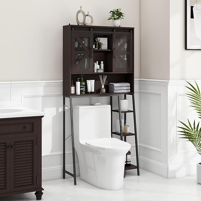 Over The Toilet Storage Cabinet, Farmhouse Storage Cabinet Over Toilet with 2 Sliding Barn Door，Home Space-Saving Toilet Rack, for Bathroom, Restroom, Laundry，Espresso