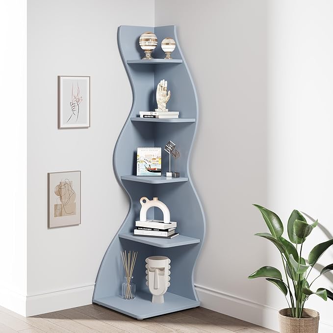 Tribesigns Corner Shelf, Modern 5-Tier Wall Corner Bookshelf, Stylish Corner Small Bookcase Storage Rack Plant Stand with Unique Shape for Living Room, Home Office (Blue, 1PC)