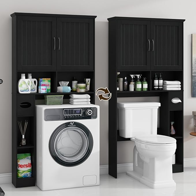 Over The Toilet Storage Cabinet, Farmhouse Storage Cabinet Over Toilet with Barn Door& Toilet Paper Holder Stand，Home Space-Saving Toilet Rack, for Bathroom, Restroom, Laundry.Pure Black