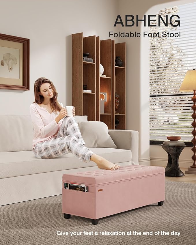 Velvet Storage Ottoman Bench, End of Bed Bench with Legs, Large Entryway Bench, Foot Rest Stool, Tea Table for Bedroom, Living Room, Loads 770 lb, 15.7"L x 43"W x 15.7"H, Jelly Pink, UASND62P