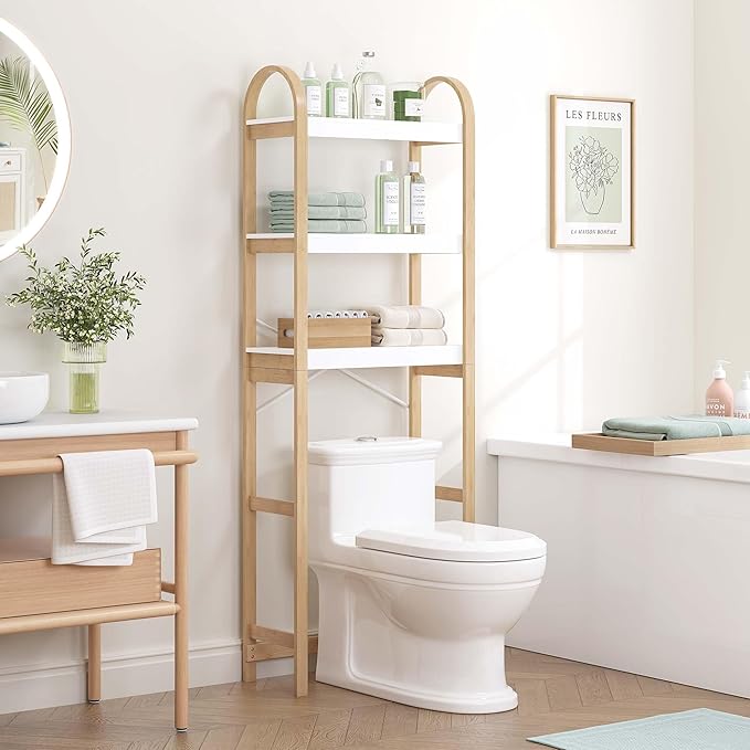 Spirich Over The Toilet Storage Shelf, 3-Tier Over Toilet Bathroom Organizer, Space-Saving Above Toilet Storage Shelf Rack with Bamboo Frame