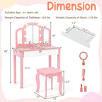 Costzon Kids Vanity, Girls Vanity Set with Mirror and Stool and Lights, Storage Drawer, Princess Toddler Makeup Vanity Desk Dressing Table, Wooden Kids Vanity Table and Chair Set (Pink)