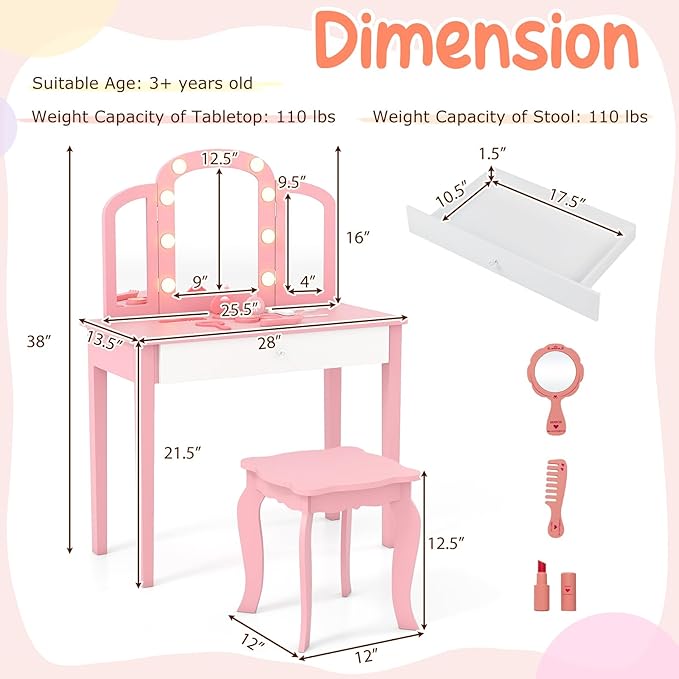 Costzon Kids Vanity, Girls Vanity Set with Mirror and Stool and Lights, Storage Drawer, Princess Toddler Makeup Vanity Desk Dressing Table, Wooden Kids Vanity Table and Chair Set (Pink)