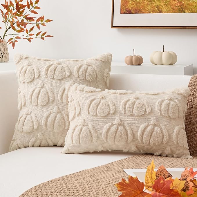 Kevin Textile Fall Pillow Covers 18x18 Inch Set of 2 Soft Pumpkins Decorative Square Pillowcases Plush Autumn Faux Fur Cushions Harvest Gift for Couch Sofa Chair Bedroom Home Decor, Beige