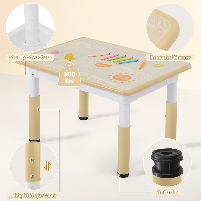 Adjustable Kids Table Chairs Set – Graffiti Desktop, Multi-Activity Height-Adjustable Toddler Study Desk for Ages 3-8 – Ideal for Home, Classroom, Daycare (W-Brown, 4 Chairs-31.5" L x 23.6" W)