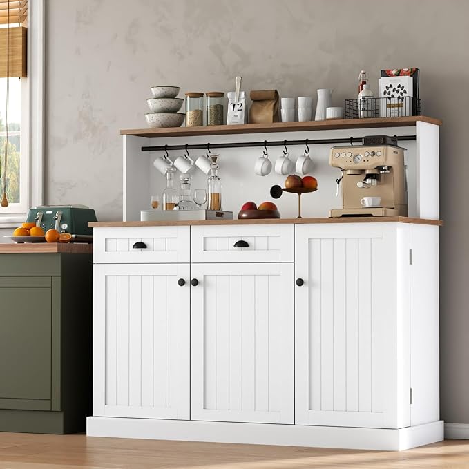 Sideboard Buffet Cabinet with 2 Drawers, Farmhouse Kitchen Pantry with Adjustable Shelves, Coffee Bar Cupboard Cabinet with 3 Doors for Kitchen, Dining Room (White)