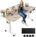 farexon Electric Standing Desk Adjustable Height, 63x24 Inches Computer Desk with Rolling Wheels, Dual-Beam Frame,Mouse Pad,Spliced Table Tops,Multifunctional Stand up Desk for Home/Office(Oak Gray)