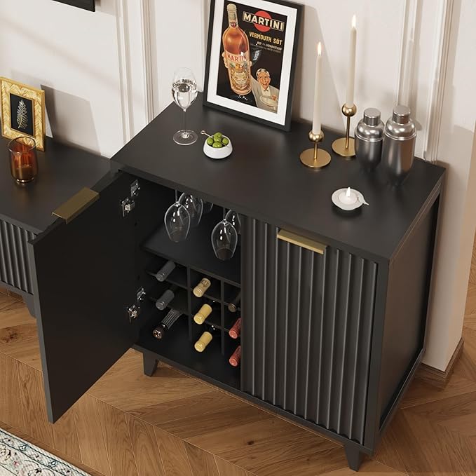 Fluted Coffee Bar Cabinet with Storage, Modern Sideboard Buffet Cabinet with Removable Wine Rack, Drawer, Adjustable Shelf, Black Liquor Cabinets for Living Room, Dining Room, Kitchen, Entryway