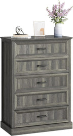 CARPETNAL Farmhouse 5 Drawers Dresser for Bedroom, 44" Tall Grey Dresser Wood Rustic Chest of Drawers with Wide Metal Handle,Natural Texture,Drawer Organizer for Bedroom,Living Room,Hallway