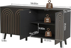 59" Buffet Cabinet with Storage, Modern Accent Sideboard Storage Cabinet with 4 Doors & Carving Lines, Wooden Coffee Bar Table Console for Living Room Kitchen Office and Hallway (Black)