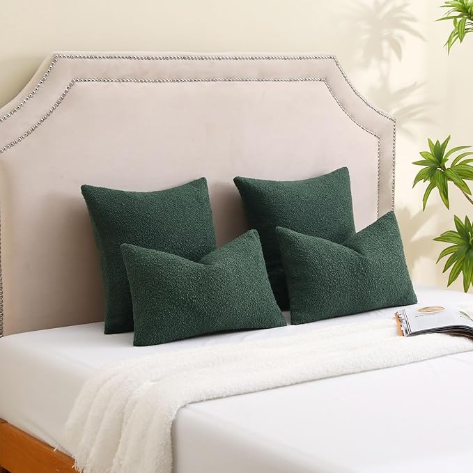FUTEI Christmas Pack of 2 Dark Green Decorative Throw Pillow Covers 12x20 Inch Soft Cozy Solid Boucle Textured Lumbar Pillow Cases,Modern Home Decor for Couch Bed Living Room