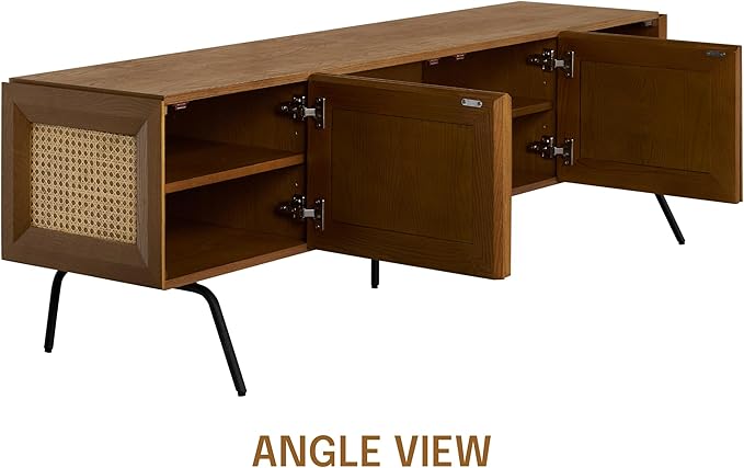 NTC Mossic TV Media Cabinet with 4 Doors for TVs, Entertainment Center with Natural Rattan, Metal Legs, Modern Storage Console for Living Room and Bedroom, Effortless Assembly, Rustic Oak