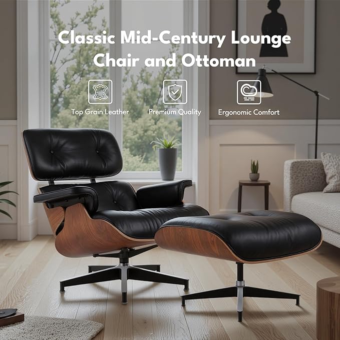 Top Black Grain Leather, Mid Century Chaise Lounge Chair and Ottoman, Accent Chair, Modern Chair, Classic Design, Heavy Duty Base Support for Living Room Lounge Office, Palisander, Heightening