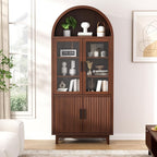 71" Tall Arched Cabinet with Glass Doors, Fluted Pantry Cabinet with Solid Wood Legs, Modern Accent Furniture for Living Room, Kitchen, Dining Room, Entryway, Walnut