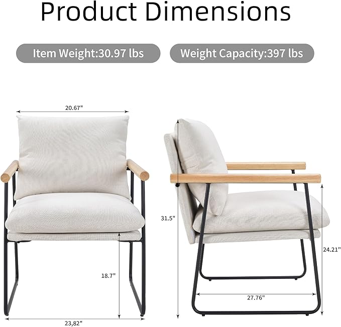 Accent Chair for Living Room,Arm Chair for Bedroom,with Wooden Arms, Wide Large Plus Size Cushion,Metal Frame,Reading Bedroom Chair Armchair for Home/Office/Cafe/Apartment/Waiting Room,White