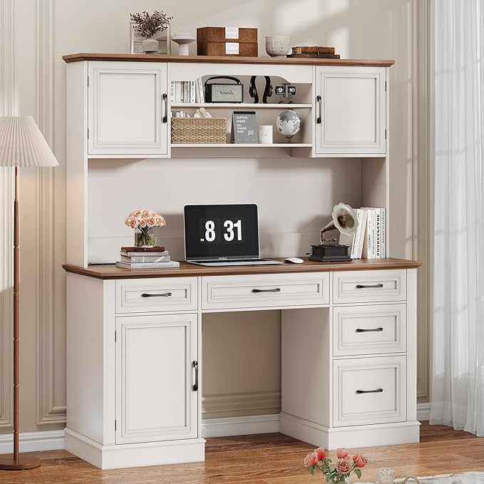 Vabches 67" H Farmhouse Executive Desk with Hutch. Wood Workstation with 5 Drawers, Storage Cabinet, File Drawers and Charging Station, Ideal as Office Desk, Computer Desk for Home Office and Study