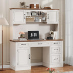 Vabches 67" H Farmhouse Executive Desk with Hutch. Wood Workstation with 5 Drawers, Storage Cabinet, File Drawers and Charging Station, Ideal as Office Desk, Computer Desk for Home Office and Study