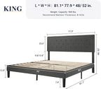 Allewie King Size Fabric Upholstered Bed Frame with Diamond Button Tufted/Adjustable Headboard/Wood Slat Support/Mattress Foundation/Dark Grey