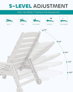 SERWALL Patio Chaise Lounge Chair Set of 2, 78'' Long 5-Positions Adjustable HDPE Outdoor Lounger for Pool, Poly Lounge Chair with Rolling Wheels & Cup Holder for Poolside, Deck, White