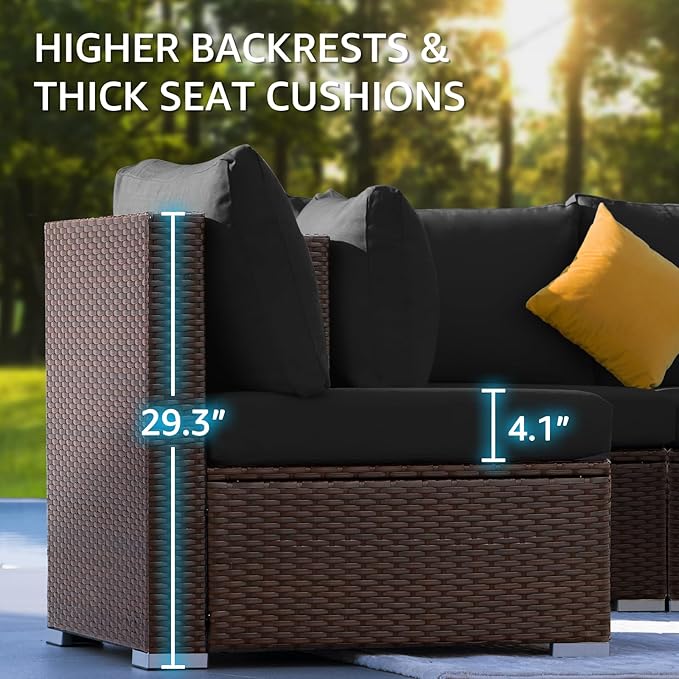 NICESOUL 6 Piece L Shaped Outdoor Sofa with Fire Pit Natural Gas/Propane, 29.3'' High-Back Comfy Wicker Patio Furniture Set Fireplace, Modern Deep Seat Conversations, Brown Rattan and Black Cushion