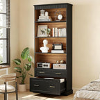 LITTLE TREE 72" Tall Black Bookcase, 5-Tier Office Bookself with File Cabinet Drawers,Modern Floor Standing Storage Filing Cabinet Book Shelf for Living Room,Bedroom