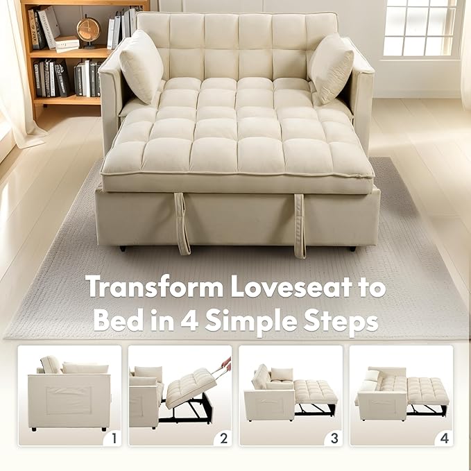 FLEXISPOT XCT4 Pull Out Couch for Small Spaces, 3-in-1 Convertible Loveseat Sofa Bed with Adjustable Backrest, Compact Futon Sofa Bed Twin Sleeper Loveseat for Apartment Dorm RV Guest Room,Cream