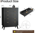 Fluted 5 Drawer Dresser, Tall Dresser with Deep Drawers, Wood Chest of Drawers for Bedroom, Modern Tall Chest Storage Organizer, Natural Finish for Hallway, Entryway, Living Room(Black)