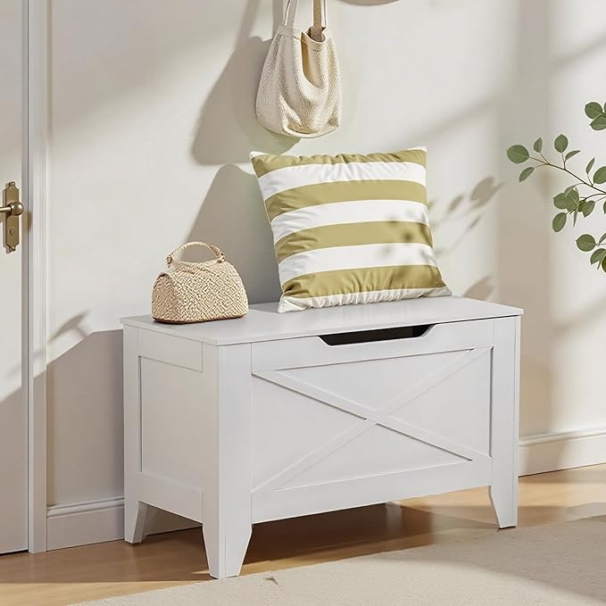 VECELO 30" Storage Bench, Entryway Shoe Ottoman, Farmhouse Style Bench with Handwoven Cushion and Metal Safety Hinges, for Bedroom, Living Room, Entryway, White