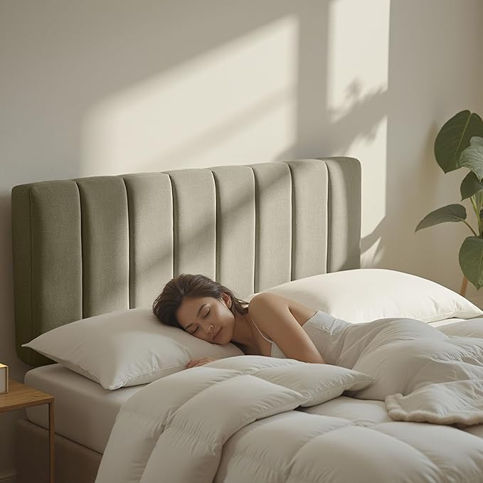 Upholstered King Headboard - Easy Assemble Channel Stitched Headboard King Size Bed - Wall Mounted Headboards with 3D Soundproof Wall Panels Peel & Stick Floating Headboards, Olive Green