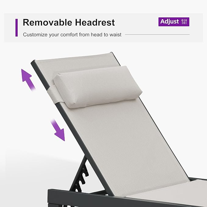 PURPLE LEAF Patio Lounge Chair Set of 3 Outdoor Chaise Lounger Aluminum Frame with Side Table and Wheels for Pool Outside Sunbathing Tanning Recliner Including Pillows Beige