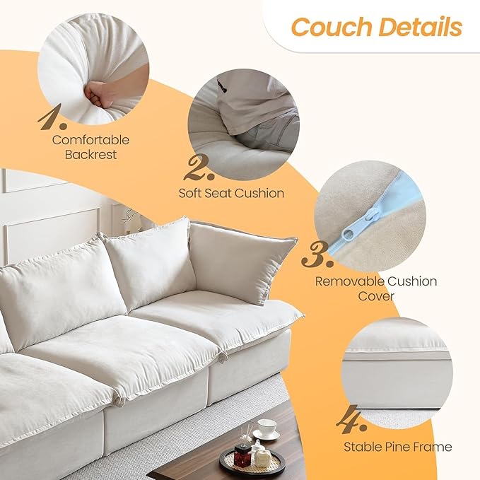 JACH 122.82" Cloud Couch Sectional for Living Room, Modular 3 Seats Sofas, Convertible Sectional Couches, Cushion Covers Removable, Two Corners and One Middle Sofa for Living Room (Beige)