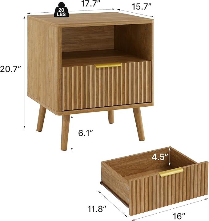 LYNSOM Fluted Dresser and Nightstand Sets 4 Piece, 1-Drawer Nightstands and 5/7 Drawers Dresser, Wood Bedroom Furniture Set for Home, Bedroom, Hallway, Natural Oak