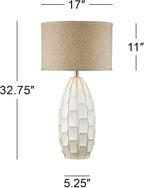 Possini Euro Design Cosgrove Mid Century Modern Coastal 3-Way Table Lamp with Table Top Dimmer 32.75" Tall White Glazed Ceramic Beige Fabric Drum Shade for Living Room Bedroom House (Colors May