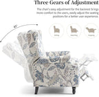 Pushback Recliner Chair Set of 2, Floral Fabric Wingback Recliner Chair, Upholstered Armchair Push Back Recliner, Rivet Trim Single Sofa Accent Chair with Wood Legs for Living Room, Plants Blue