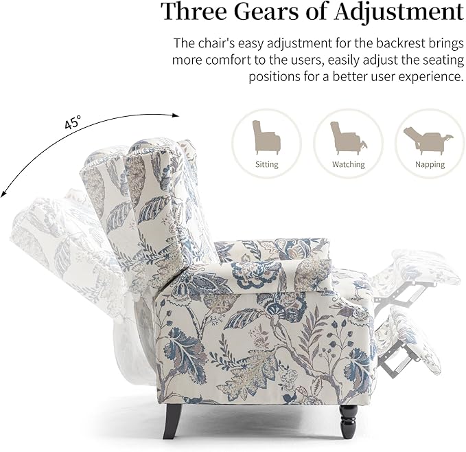 Pushback Recliner Chair Set of 2, Floral Fabric Wingback Recliner Chair, Upholstered Armchair Push Back Recliner, Rivet Trim Single Sofa Accent Chair with Wood Legs for Living Room, Plants Blue