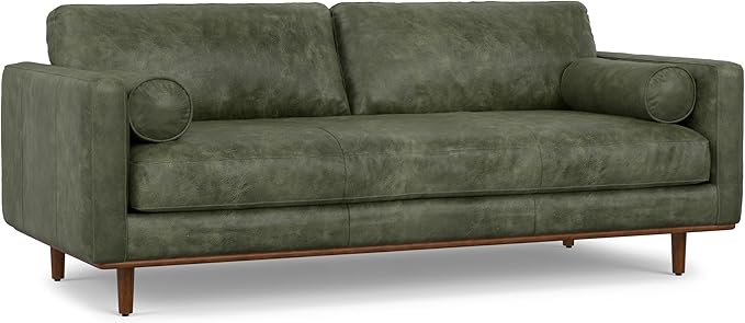 SIMPLIHOME Morrison 89-inch Wide Sofa in Moss Green Genuine Leather, Mid-Century Modern Design Couch for Living Room, Single Bench Cushion, 2 Back Cushions, 2 Bolster Pillows