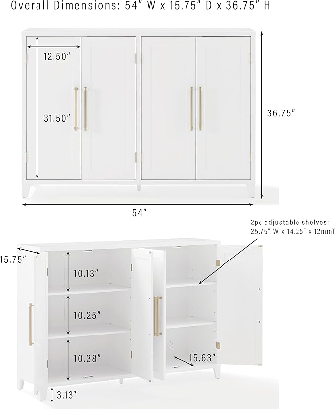 Crosley Furniture Roarke 3-Piece Modern Glass Door Sideboard Buffet Cabinet and Kitchen Storage Pantry Set, White